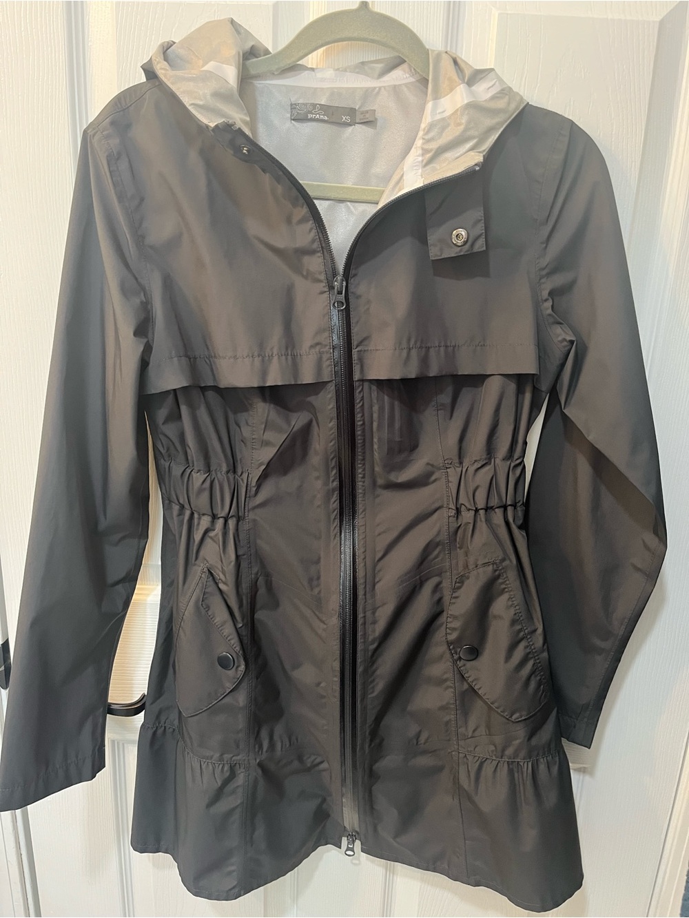 PrANa Lightweight Hooded Cinch-Waist Rain Coat - Dark Grey - Size XS